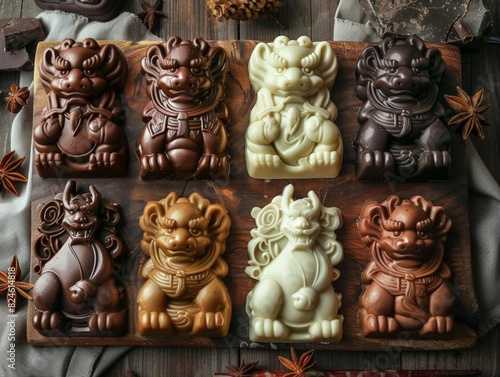 Assorted chocolate statues of Chinese ancient creatures and animals, shaped in dark, white, and colorful varieties, elegantly arranged on a rustic wooden board