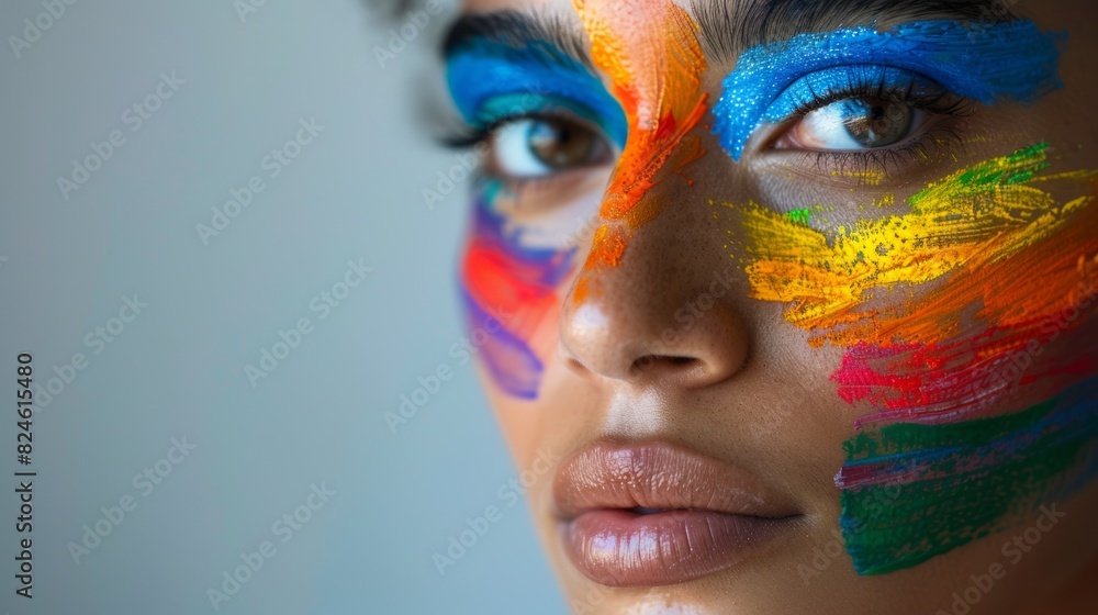 Hermosa mujer joven con la cara pintada con la bandera LGBT sobre fondo blanco. Estas imágenes enfatizan la belleza y el orgullo. Con colores brillantes que representan diversidad e inclusión. Hermosa mujer joven con la cara pintada con la bandera LGBT sobre fondo blanco. Estas imágenes enfatizan la belleza y el orgullo. Con colores brillantes que representan diversidad e inclusión.