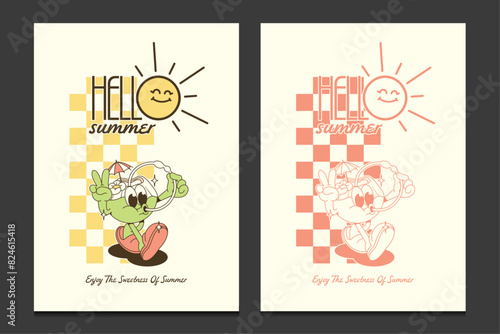 Retro posters, summer poster or graphic t-shirt template with retro coconut mascot character, vector illustration
