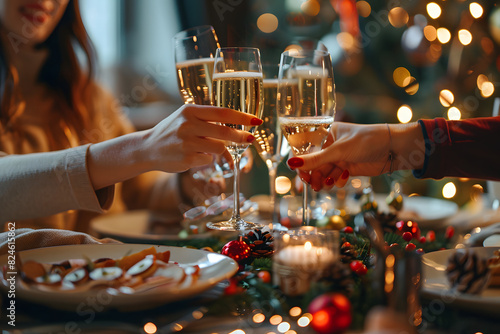 Women clinking glasses of tasty champagne at Christmas or New year party. Christmas dinner. Group of friends celebrating with champagne.