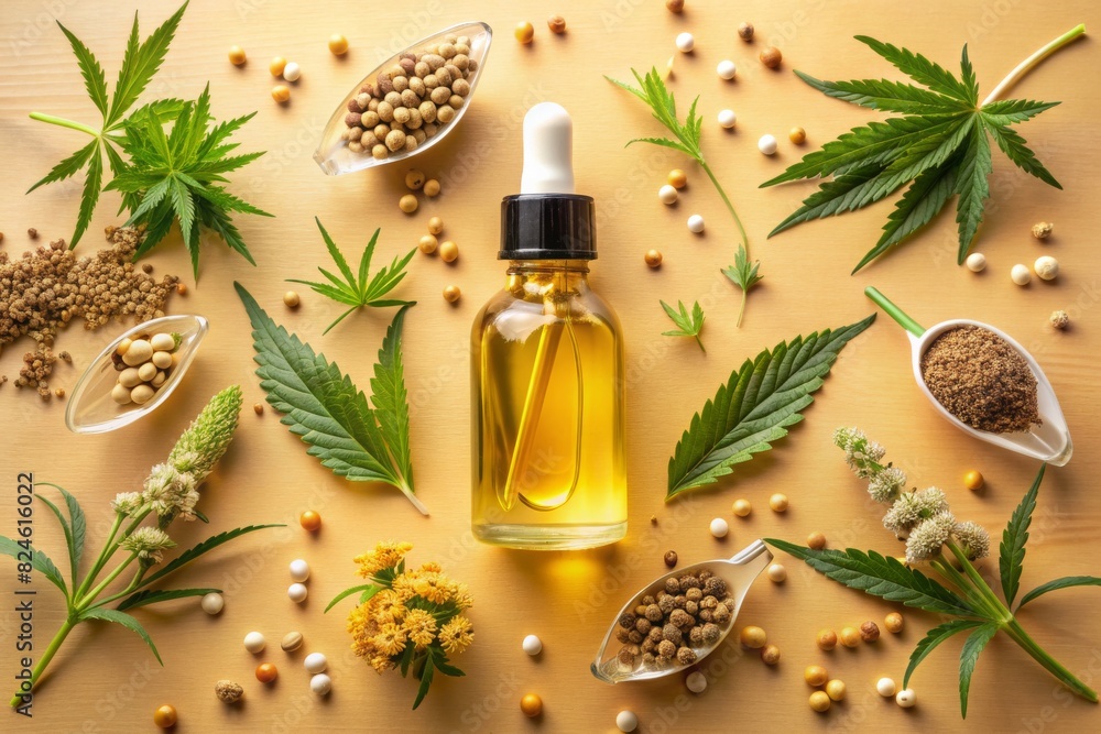 CBD hemp oil in a bottle and hemp seeds with cannabis leaves on a neutral background look natural. Hemp herbal alternative medicine. CBD hemp oil in a bottle and hemp seeds with cannabis leaves on a neutral background look natural. Hemp herbal alternative medicine.