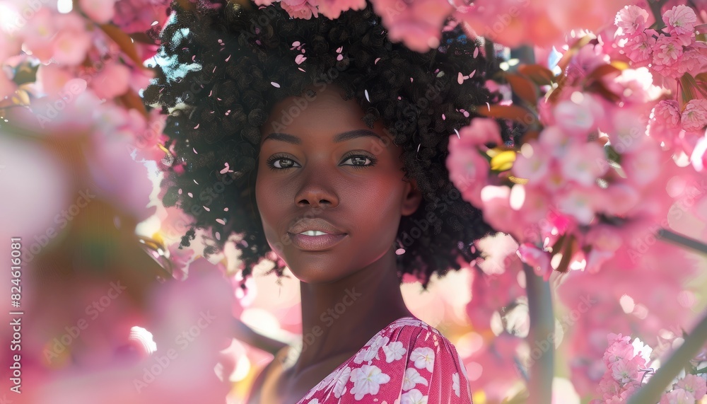 Fototapeta premium A portrait of a handsome black Afro-American woman posing cheerfully in front of a blooming cherry tree, highlighting beauty and joy in a natural setting