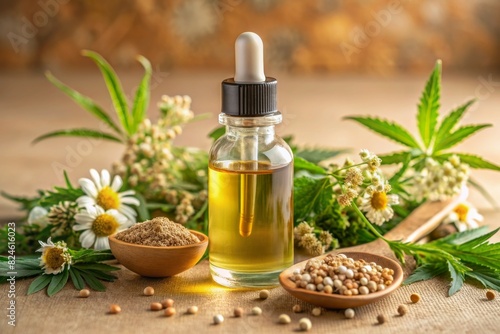 CBD hemp oil in a bottle and hemp seeds with cannabis leaves on a neutral background look natural. Hemp herbal alternative medicine.