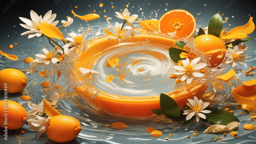 orange slices and white flowers in a pool of orange juice.