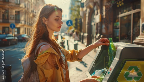 A young Caucasian woman actively participating in recycling by throwing away a plastic bottle in a public recycling bin on a European city street photo