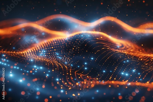 Abstract Visualization of Flowing Data Streams with Glowing Orange and Blue Lights in a Digital Waveform Pattern 