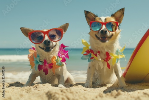 Charming Chihuahuas in Sunglasses and Hawaiian Leis on a Beach Day © Valerii Dekhtiarenko