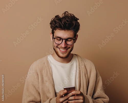 Happy young man using smartphone. Man portrait.