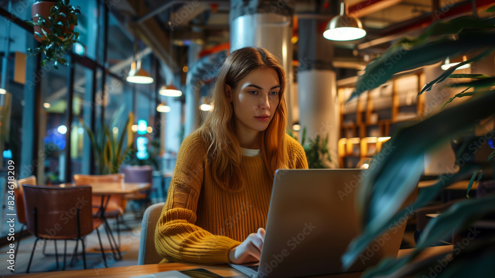 Young woman working on a laptop in a modern office space. Ai generated Young woman working on a laptop in a modern office space. Ai generated