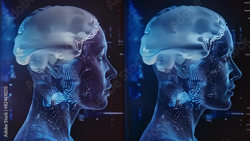 A splitscreen image showing a persons brain waves before and after using the neural enhancement device displaying significant improvement.. photo