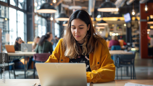 Young woman working on a laptop in a modern office space. Ai generated