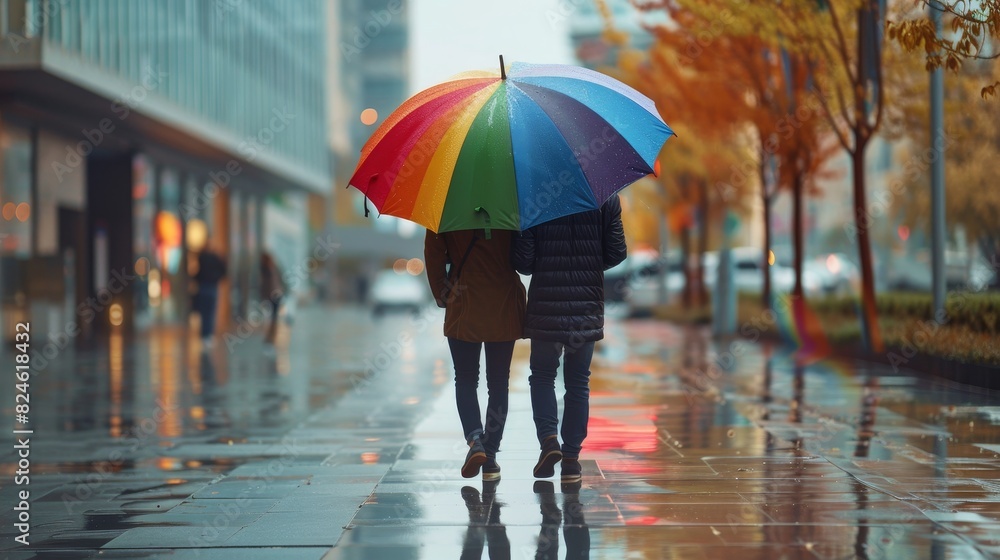 LGBTQ+ couple walking hand in hand holding rainbow umbrella, cityscape. LGBT Lesbian couple love moments happiness concept.