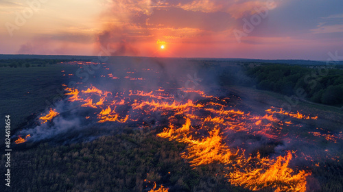 Drone view of burning pasture on dry season. © Osama