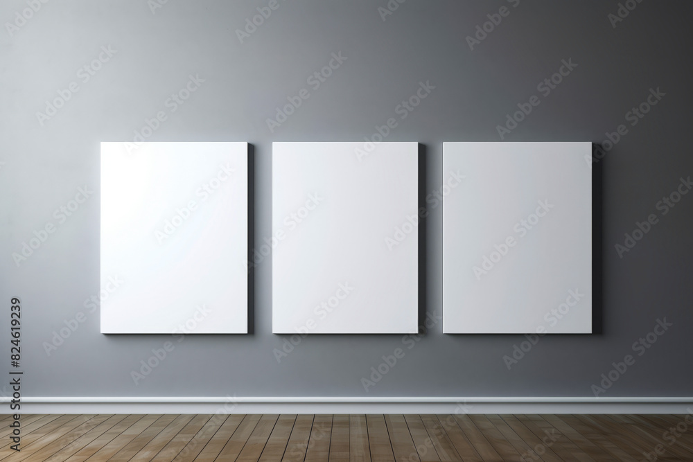 Room with three empty white square paintings on the wall. Room with three empty white square paintings on the wall.