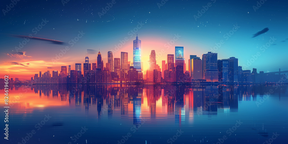 Digital illustration of a modern cityscape featuring skyscrapers and buildings against a gradient sky background. The light blue color theme is enhanced by gradient orange and yellow lighting effects Digital illustration of a modern cityscape featuring skyscrapers and buildings against a gradient sky background. The light blue color theme is enhanced by gradient orange and yellow lighting effects