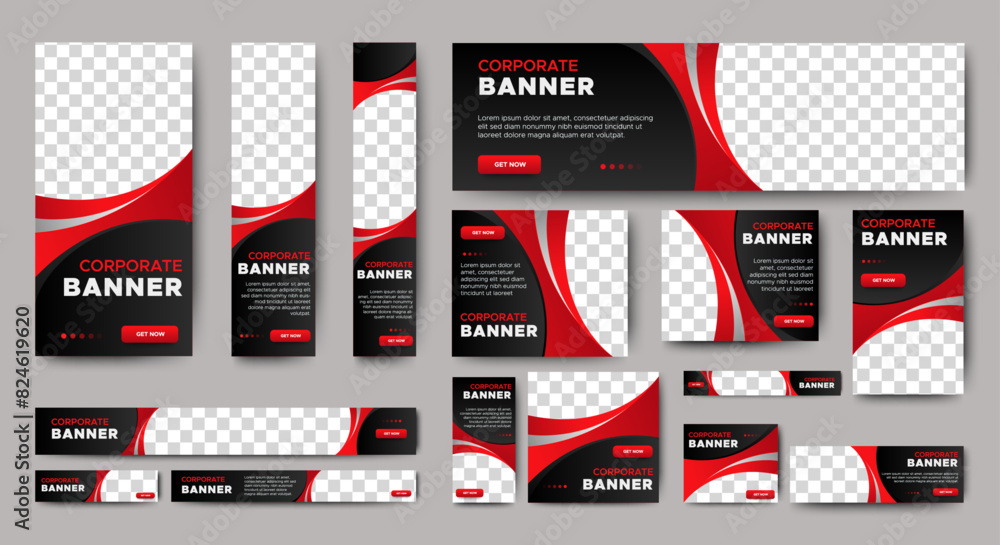 Business banner design web template Set, Horizontal header web banner. Black and red. cover header background for website design, Social Media Cover ads banner, flyer, invitation card