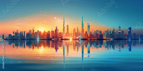 Digital illustration of a modern cityscape featuring skyscrapers and buildings against a gradient sky background. The light blue color theme is enhanced by gradient orange and yellow lighting effects 