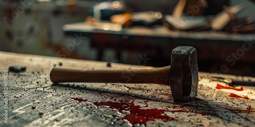hammer on table in crime scene with violent implications photo