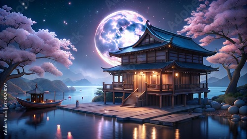 a wooden  japes house. beautiful light. a boat are here. moon is beautiful. a chareblasom tree are pink color photo