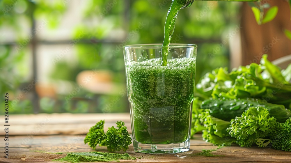Pouring green juice into a glass, with condensation droplets on the surface, on a wooden breakfast table Pouring green juice into a glass, with condensation droplets on the surface, on a wooden breakfast table