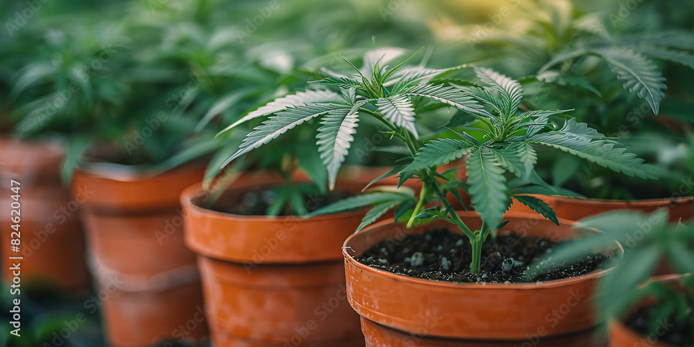Fototapeta premium Growing cannabis plants in pots in a greenhouse. Cannabis cultivation concept