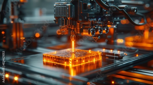 An illustrated depiction of a 3D laser manufacturing process with a glowing orange cube and intricate details photo