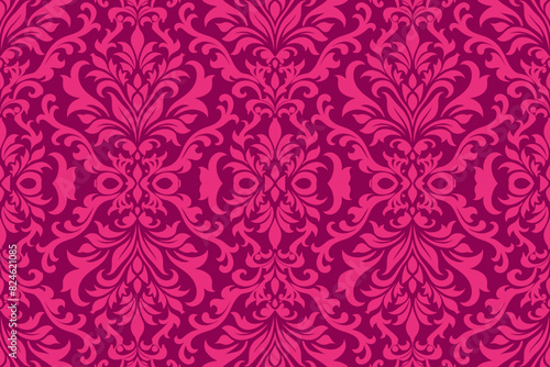Vintage Floral Seamless Pattern with Pink Damask and Baroque Ornaments