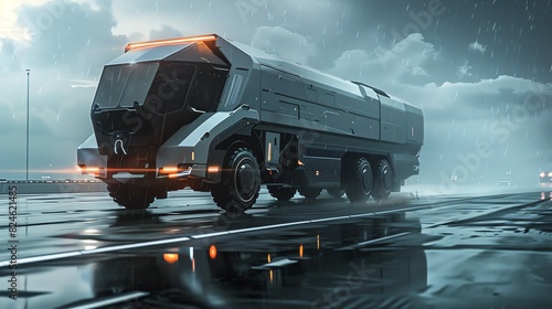 A futuristic armored truck transporting valuable goods