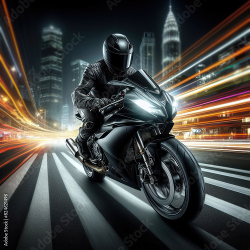 A moto bike rushes at high speed through the streets of the night city Isolated on black background © Ольга Лукьяненко