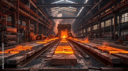 Hot molten steel flowing in a steel plant, showcasing industrial manufacturing processes and heavy machinery © Janko