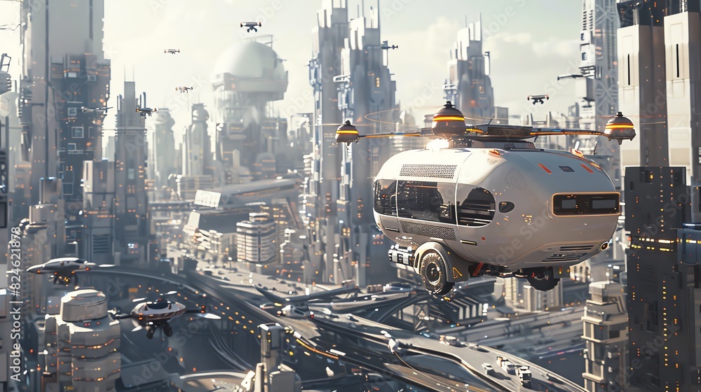 A futuristic delivery drone truck in a futuristic cityscape A futuristic delivery drone truck in a futuristic cityscape