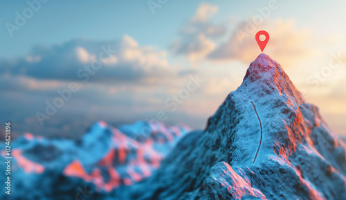 mountain peak with path to top and location pin point mark