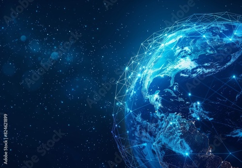 Abstract digital illustration of earth with a blue global network, symbolizing worldwide connectivity