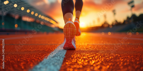 Close-up of runner's shoes on track at sunset, with stadium lights in the background. Captured from behind, focusing on the feet and athletic gear of a sprinter racing towards victory. The vibrant col
