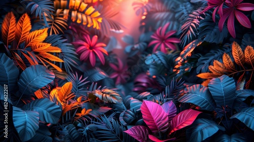 This image captures a dense foliage of tropical leaves with a captivating warm glow and rich color contrast