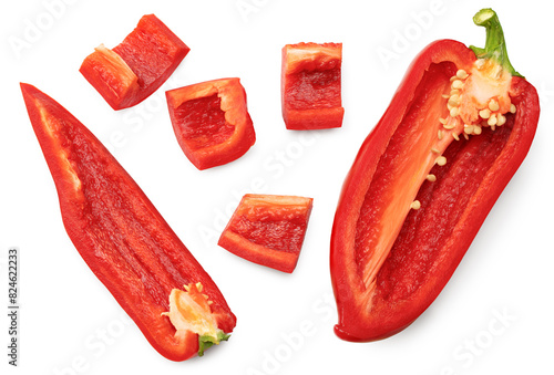 cut slices of red sweet bell pepper isolated on white background. clipping path