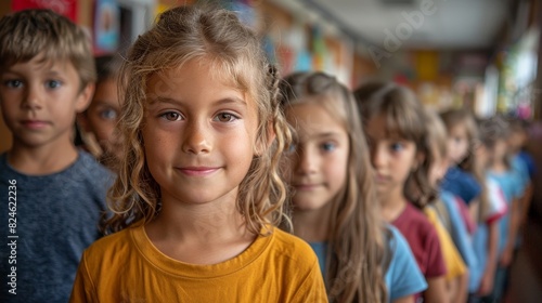 Sweet young girl with a confident smile stands in line with her diverse school classmates