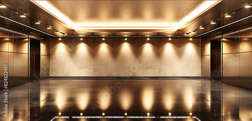Panoramic mock up poster gallery with sepia wall, glossy floor, and contemporary ceiling lights. © Shamshad