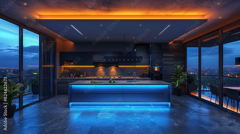 A sleek and luxurious kitchen design illuminated by soft LED lighting, set against a cityscape at dusk