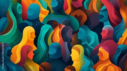 creative modern background of diversity inclusion communication in multicultural community group. illustration of abstract people from different cultures and age photo