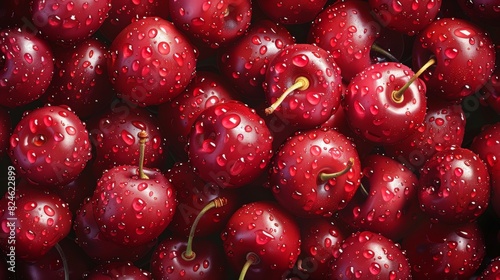 Close-up view of cherries covered in water droplets with a photorealistic appearance