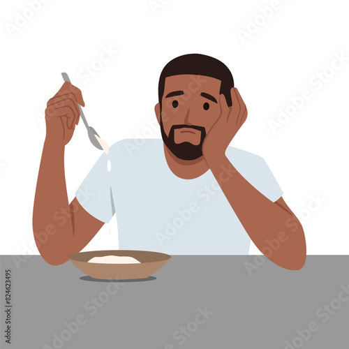 Man follows diet prescribed by doctor. Boy sadly eating vegetarian dish. Flat vector illustration isolated on white background