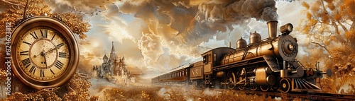 Vintage steam train in motion through autumn countryside, watched by a large ornate clock. Inspirational, nostalgic travel scene.