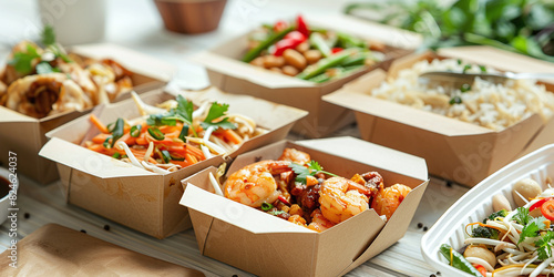 Enjoy organic takeout food served in convenient paper containers at home. Eco-friendly packaging concept © Oleksandr