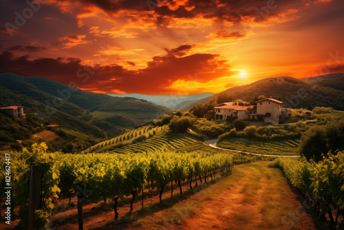 Romantic vineyards in France and Italy at sunset  energetic vibe. Generative AI tools