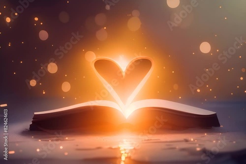 Magical  heart-shaped light effuses from a book, with sparkling embers and a mystical gold backdrop. photo