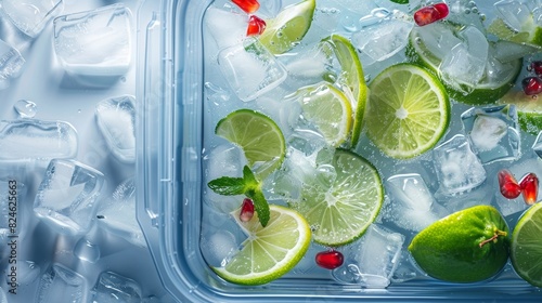 Overhead shot of a plastic cool box packed with ice cubes, fresh lime, and various refreshing beverages, capturing the essence of cooling refreshment photo