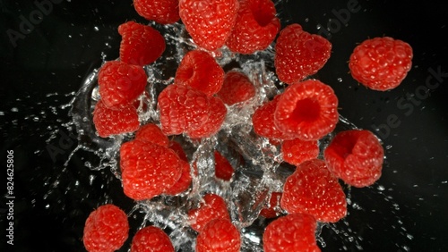Freeze Motion of Flying Raspberries into Water, Black Background.