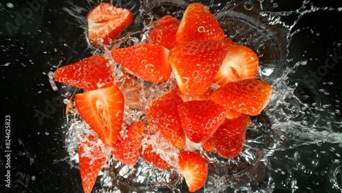 Freeze Motion of Flying Strawberries into Water, Black Background.