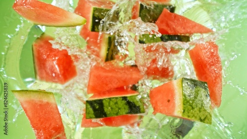 Freeze Motion of Flying Water Melon Slices into Water, Colored Background.